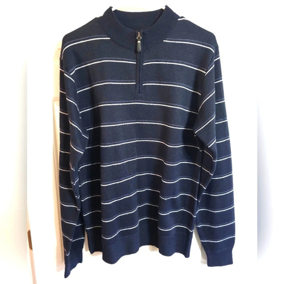 Line 48 Mens Large Navy Blue White Stripe 1/4 Zip Mock Neck Sweater Preppy VTG - Picture 2 of 8
